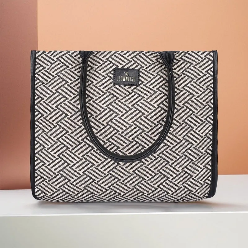 THE CLOWNFISH Opulence Series Multipurpose Handbag For Women Box Bag 14 inch Laptop Bag Tote Printed Handicraft Fabric & Faux Leather Bag (Black-Line Design)