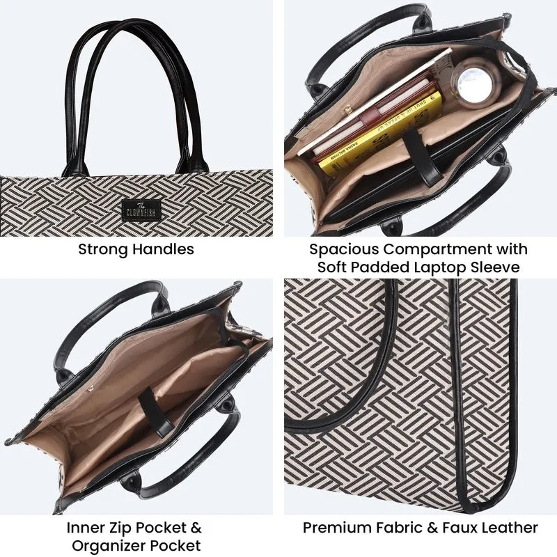 THE CLOWNFISH Opulence Series Multipurpose Handbag For Women Box Bag 14 inch Laptop Bag Tote Printed Handicraft Fabric & Faux Leather Bag (Black-Line Design)