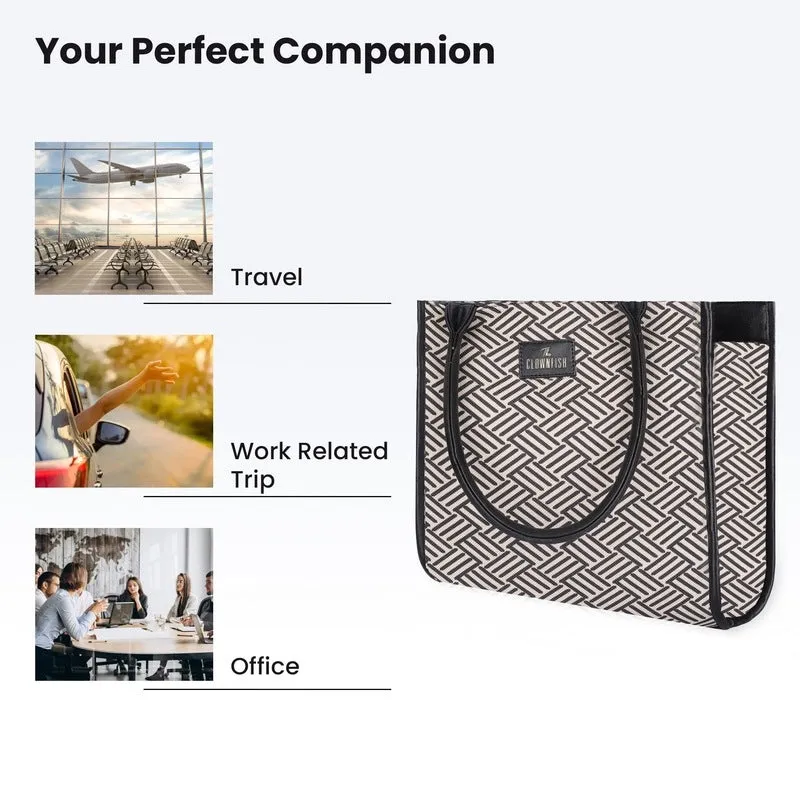 THE CLOWNFISH Opulence Series Multipurpose Handbag For Women Box Bag 14 inch Laptop Bag Tote Printed Handicraft Fabric & Faux Leather Bag (Black-Line Design)