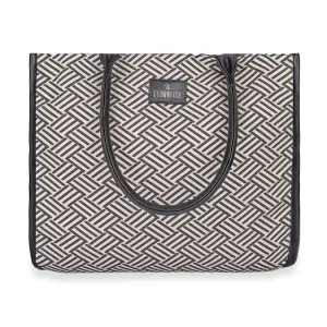 THE CLOWNFISH Opulence Series Multipurpose Handbag For Women Box Bag 14 inch Laptop Bag Tote Printed Handicraft Fabric & Faux Leather Bag (Black-Line Design)