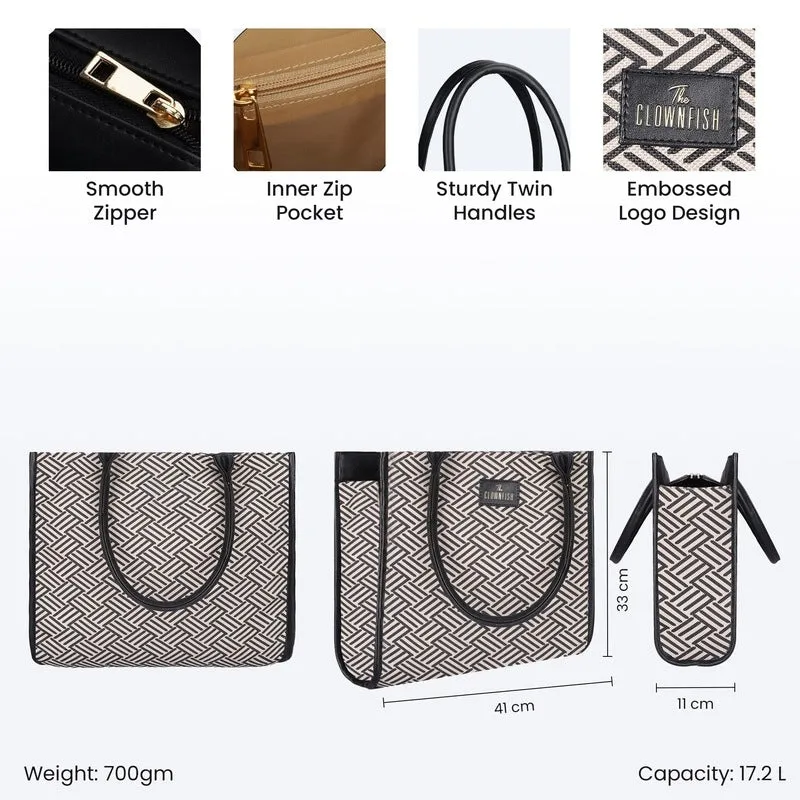 THE CLOWNFISH Opulence Series Multipurpose Handbag For Women Box Bag 14 inch Laptop Bag Tote Printed Handicraft Fabric & Faux Leather Bag (Black-Line Design)