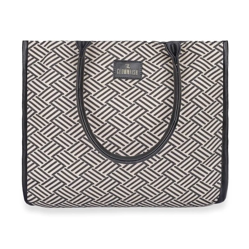 THE CLOWNFISH Opulence Series Multipurpose Handbag For Women Box Bag 14 inch Laptop Bag Tote Printed Handicraft Fabric & Faux Leather Bag (Black-Line Design)