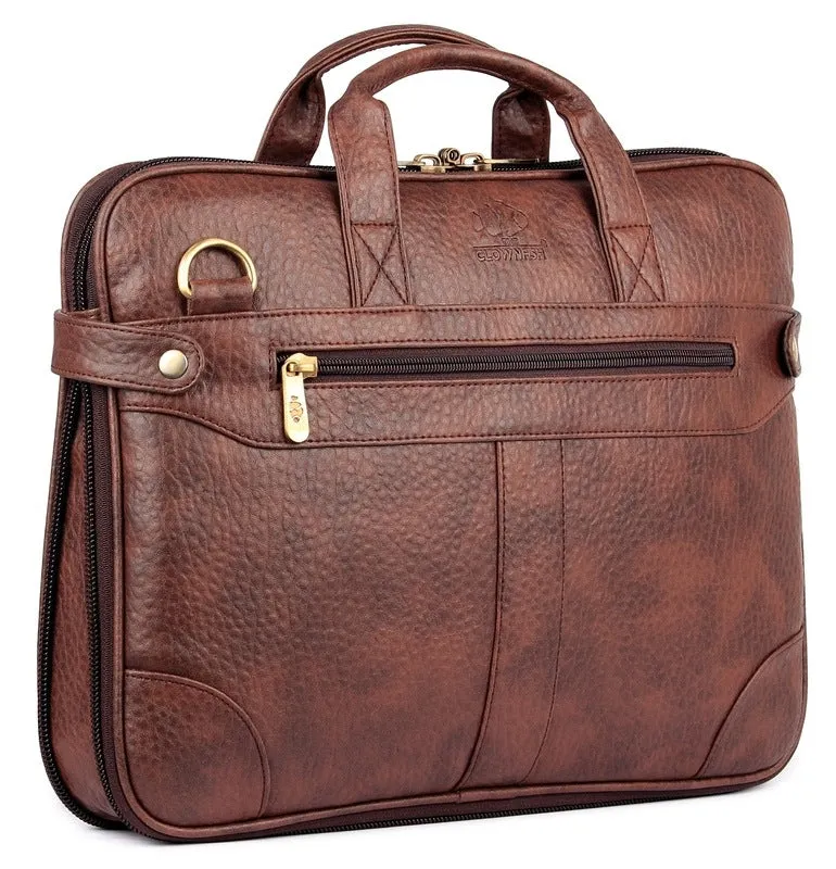 The Clownfish Royal Faux Leather Laptop Briefcase - Stylish Design | Padded Shoulder Strap | 15.6 inch | Cinnamon
