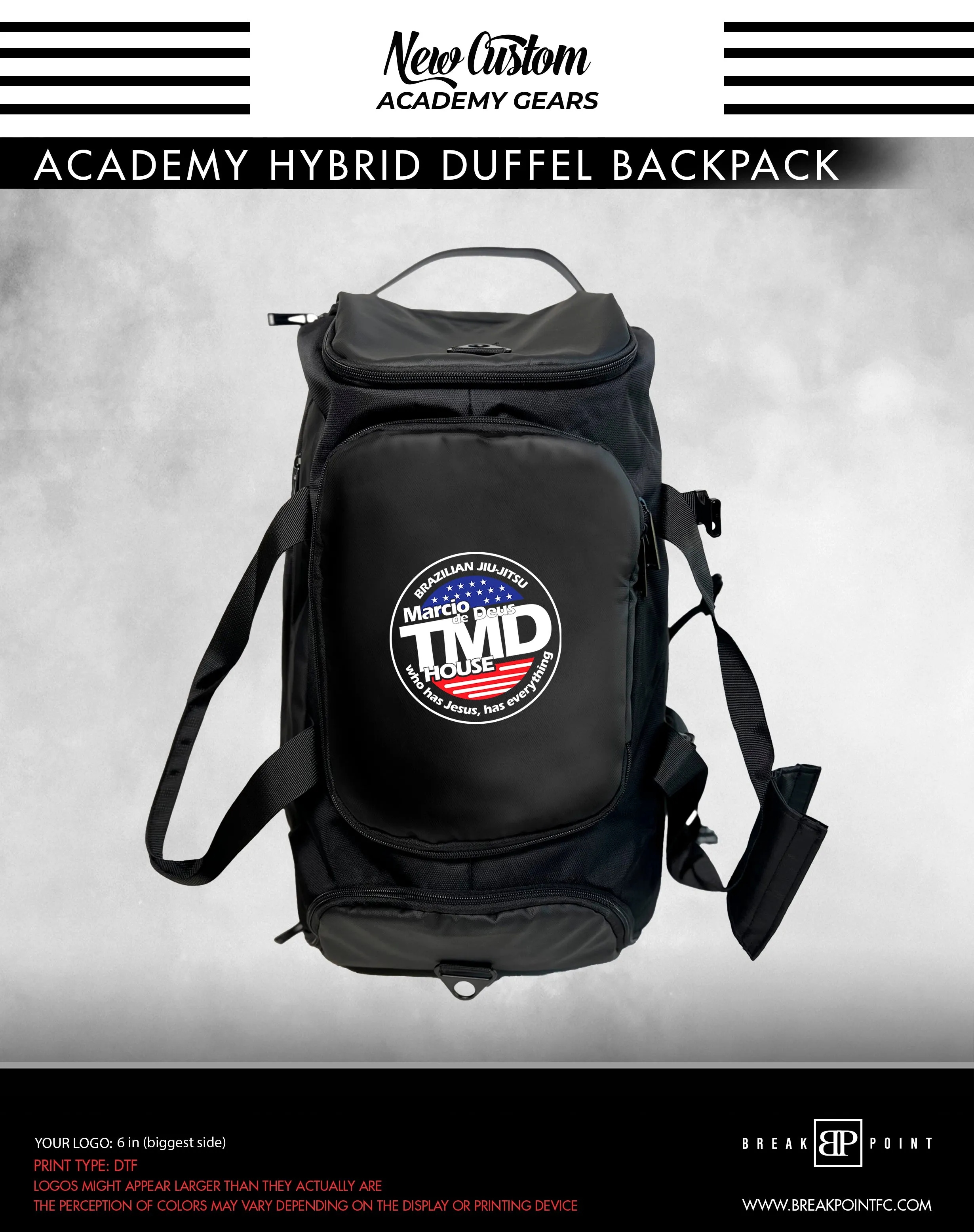 TMDHOUSE Brazilian Jiu jitsu Academy Hybrid Duffel Backpack #782 A