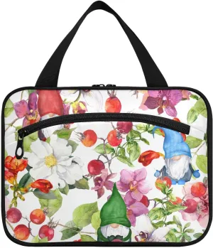 Toiletry Bag for Travel, Gnomes Floral Dwarf Meadow Blossom Vintage Makeup Bag Large Cosmetic Bag Organizer with Hanging Hook for Women Men