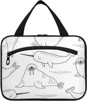 Toiletry Bag Travel Bag with Hanging Hook-Polar Bear Seal Penguin Walrus Whale Fish Narwhal，Water-resistant Makeup Cosmetic Bag for gym outdoor activities ，M