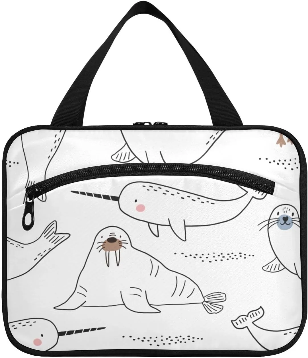 Toiletry Bag Travel Bag with Hanging Hook-Polar Bear Seal Penguin Walrus Whale Fish Narwhal，Water-resistant Makeup Cosmetic Bag for gym outdoor activities ，M