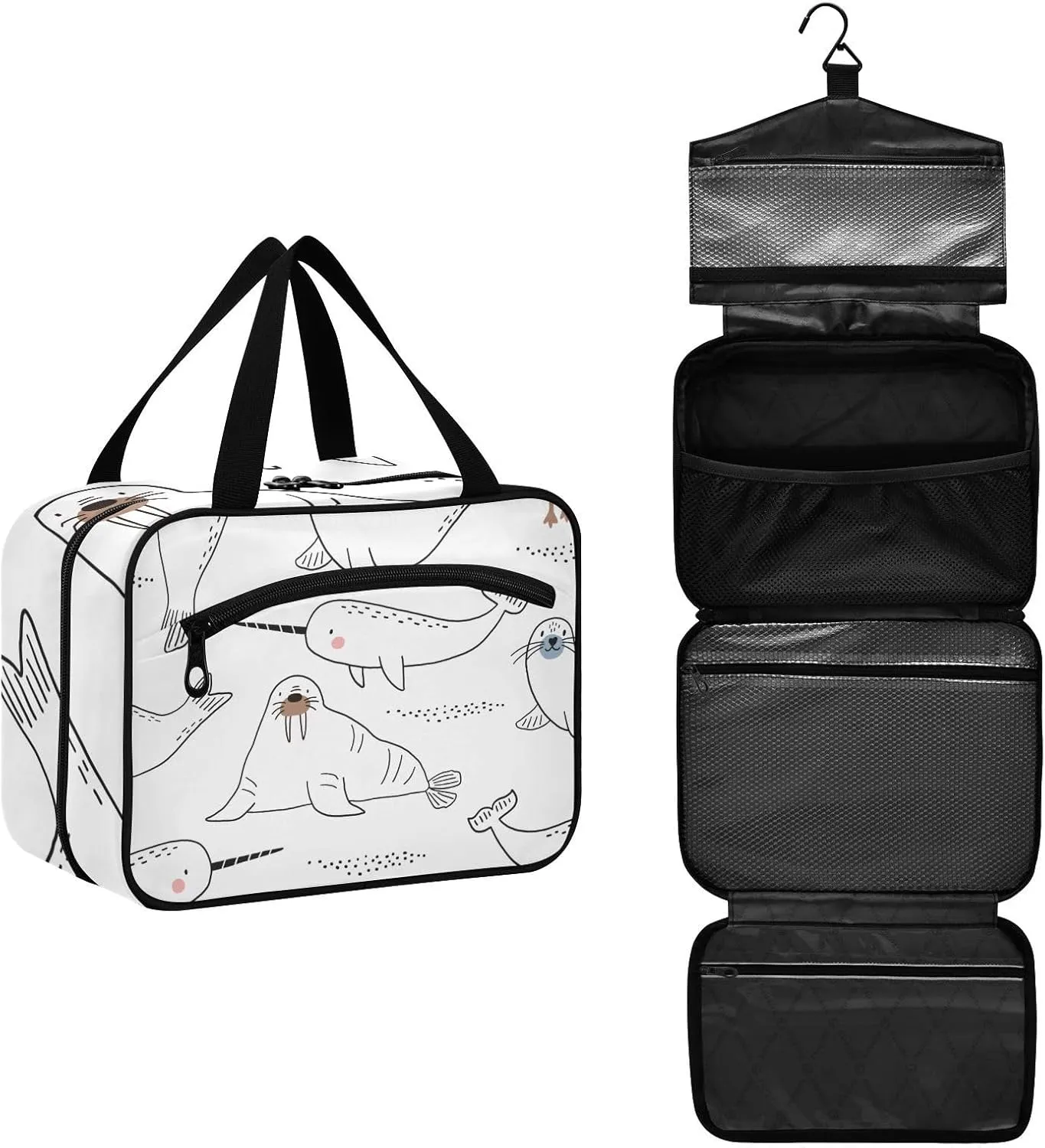 Toiletry Bag Travel Bag with Hanging Hook-Polar Bear Seal Penguin Walrus Whale Fish Narwhal，Water-resistant Makeup Cosmetic Bag for gym outdoor activities ，M