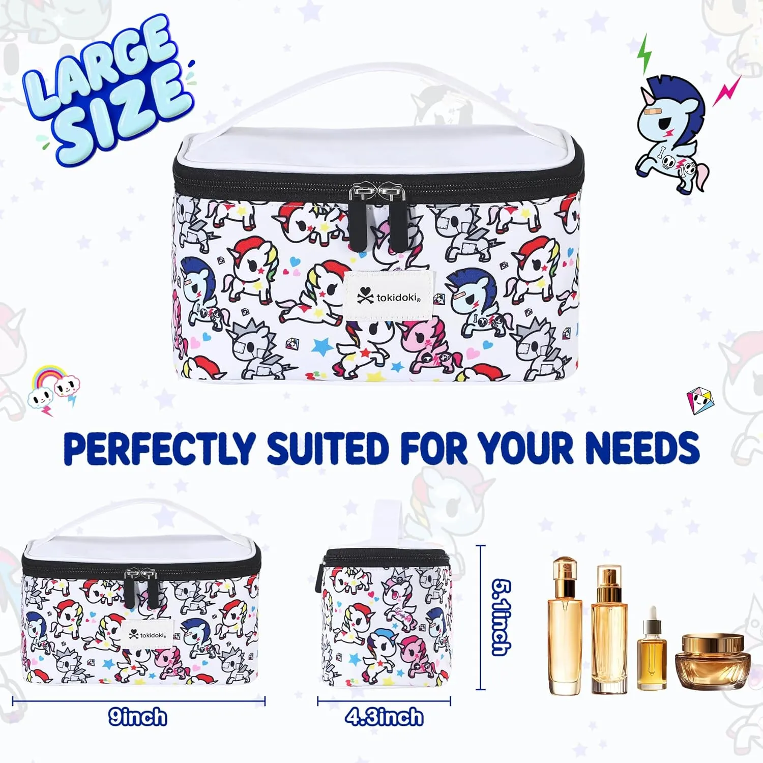 Tokidoki Unicorno Makeup Bag, Portable Cosmetic Bag, Large Capacity Travel Makeup Case Organizer, Toiletry Bag for Women Traveling with Handle (White)