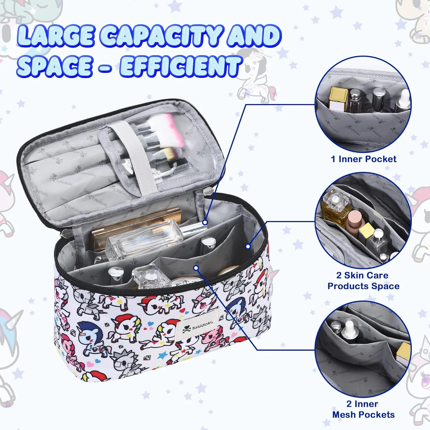 Tokidoki Unicorno Makeup Bag, Portable Cosmetic Bag, Large Capacity Travel Makeup Case Organizer, Toiletry Bag for Women Traveling with Handle (White)