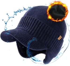 TOP-EX L/XL/XXL Unisex 80% Merino Wool Waterproof Brim Beanie Hats with Ear Flaps Fleece Lined for All Weather
