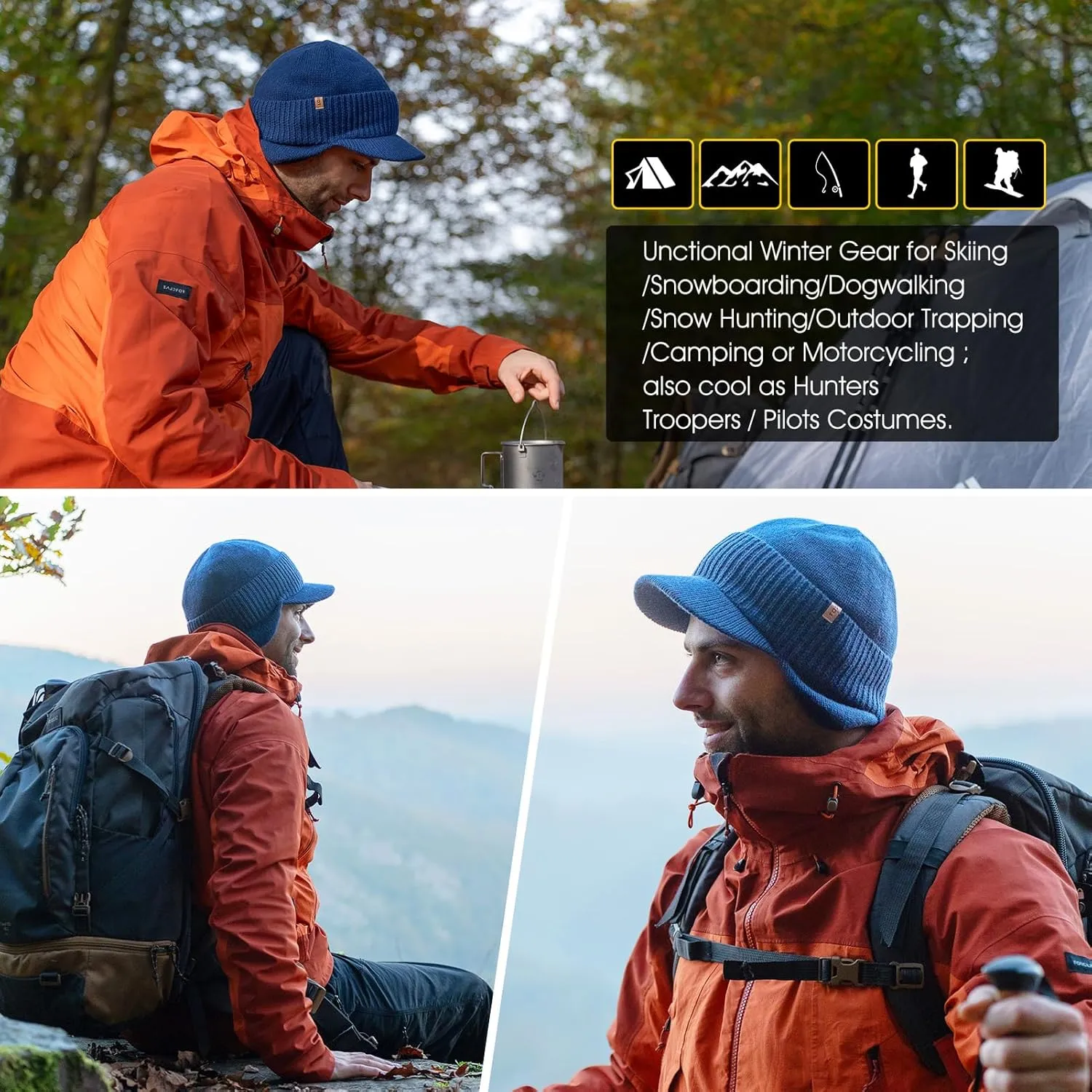 TOP-EX L/XL/XXL Unisex 80% Merino Wool Waterproof Brim Beanie Hats with Ear Flaps Fleece Lined for All Weather