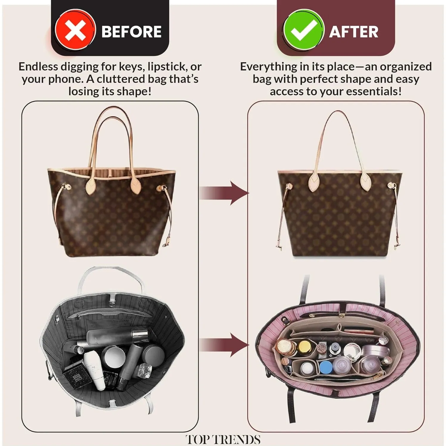 TOPTRENDS tote bag organizer insert, Felt Tote Bag Organizer for Handbags, 10 Compartments & Base Shaper, Fits Neverfull MM, Speedy, Longchamp & More – Soft, Lightweight & Durable (30x15x18 CM)