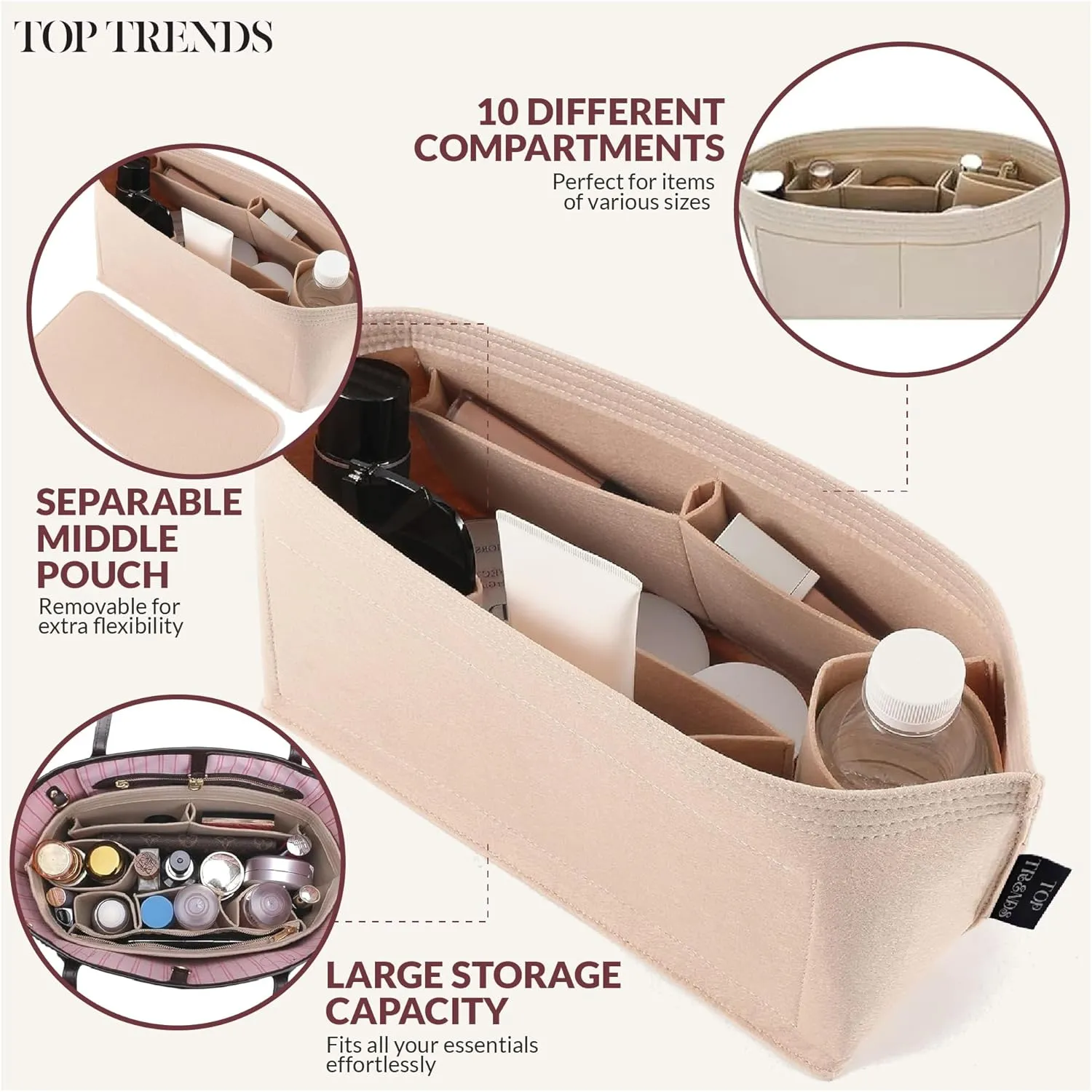TOPTRENDS tote bag organizer insert, Felt Tote Bag Organizer for Handbags, 10 Compartments & Base Shaper, Fits Neverfull MM, Speedy, Longchamp & More – Soft, Lightweight & Durable (30x15x18 CM)