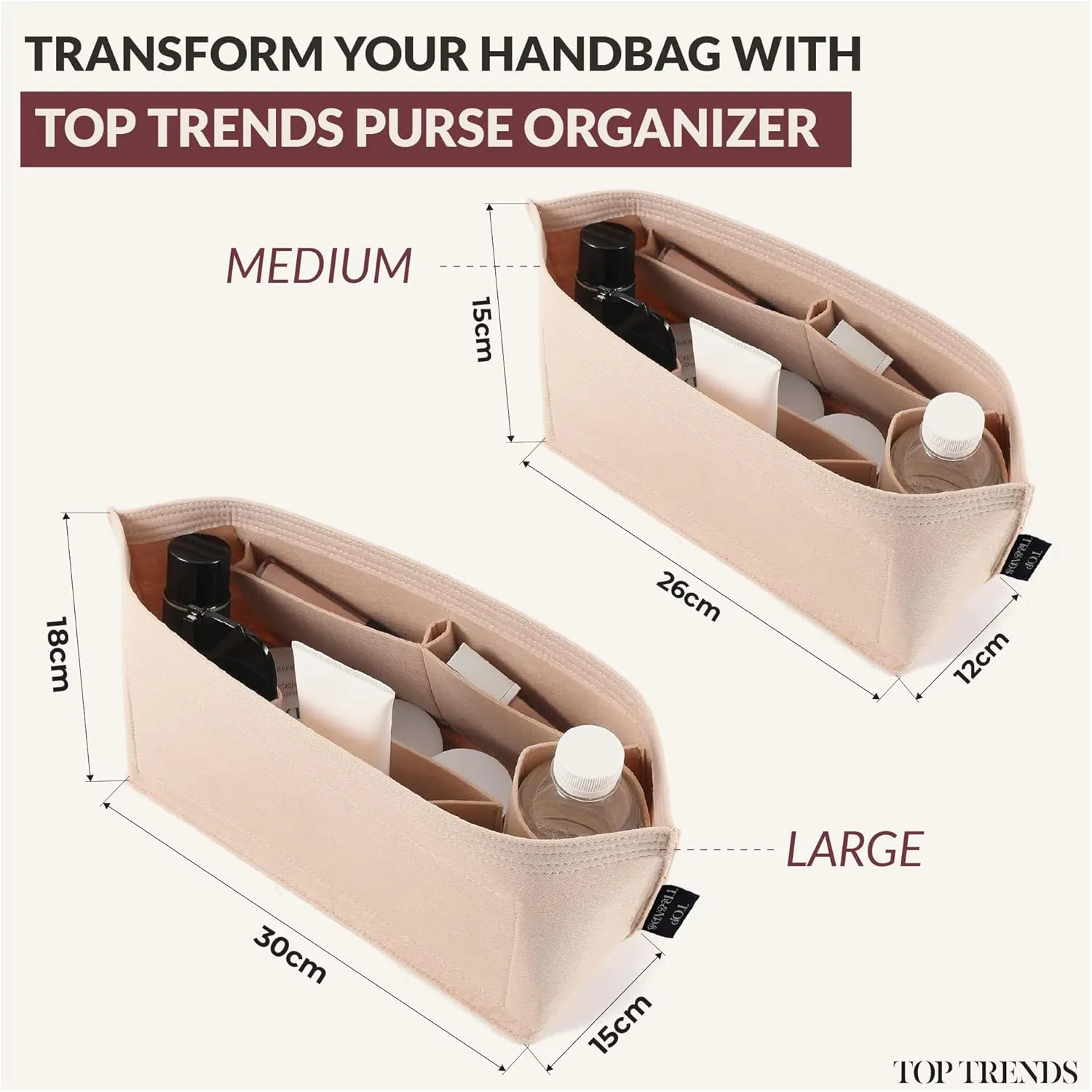TOPTRENDS tote bag organizer insert, Felt Tote Bag Organizer for Handbags, 10 Compartments & Base Shaper, Fits Neverfull MM, Speedy, Longchamp & More – Soft, Lightweight & Durable (30x15x18 CM)