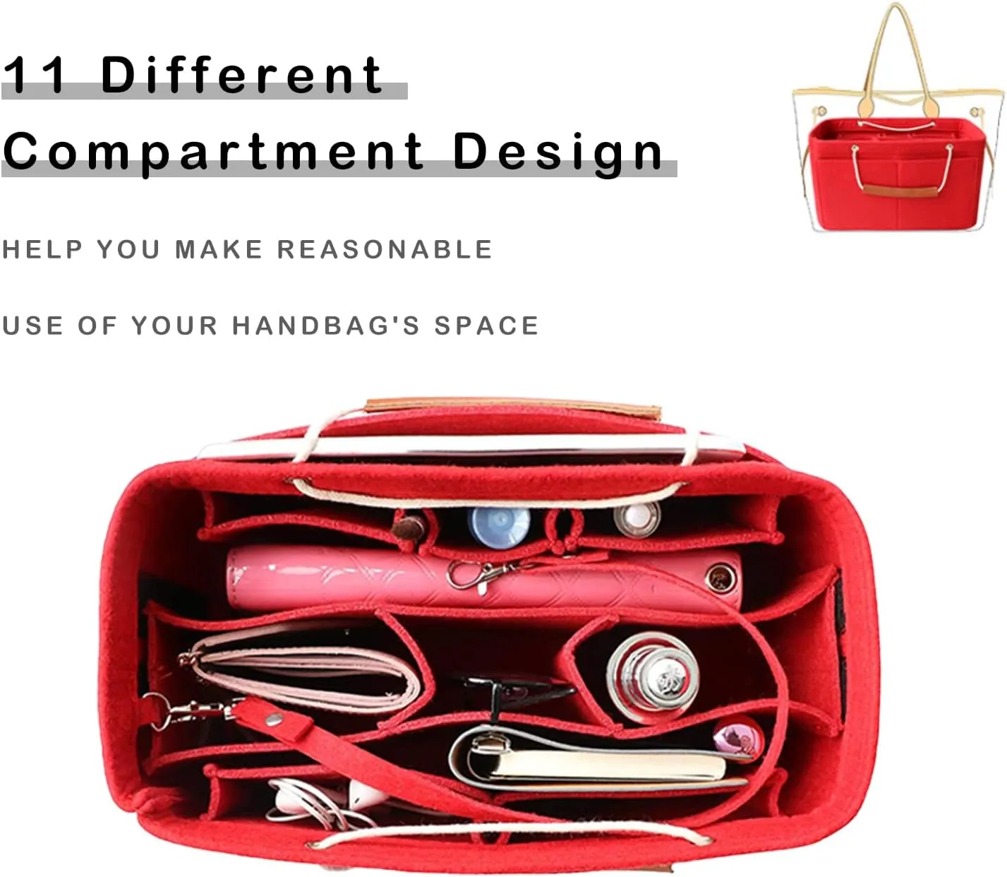Tote Organizer Insert, Purse Insert for Handbags, Tote Bag Organizer with 11 Pockets, Suitable for Neverful for Speedy for Carryall for Birkin and More (Red, M)