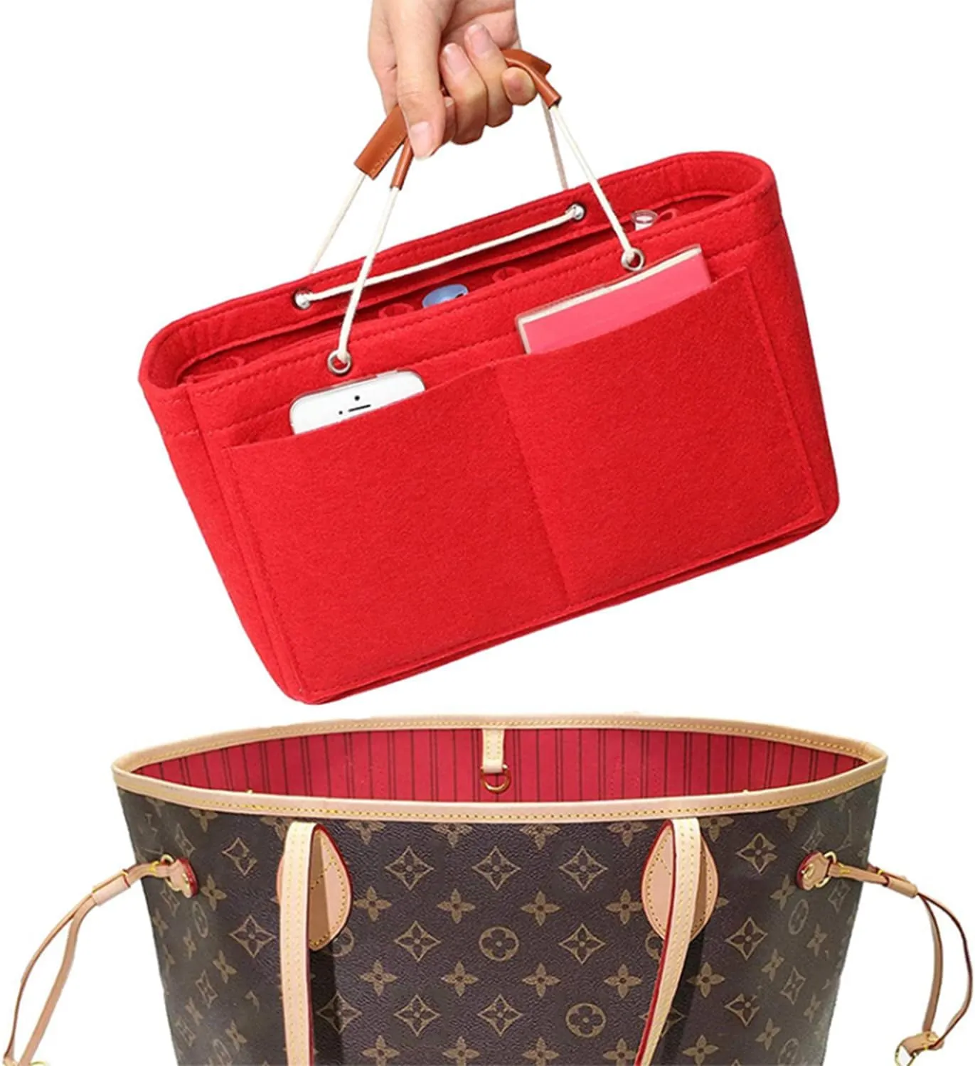 Tote Organizer Insert, Purse Insert for Handbags, Tote Bag Organizer with 11 Pockets, Suitable for Neverful for Speedy for Carryall for Birkin and More (Red, M)