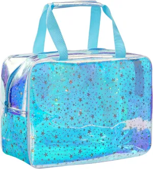 TPU Clear Makeup Bag for Women Waterproof Star Make Up Bag Toiletry Bag Travel Durable Cosmetic Bag Large Cute Tote Bag Organizer Makeup Pouch, Rainbow Blue