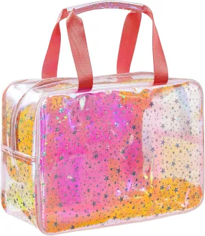 TPU Clear Makeup Bag for Women Waterproof Star Make Up Bag Toiletry Bag Travel Durable Cosmetic Bag Large Cute Tote Bag Organizer Makeup Pouch, Rainbow White