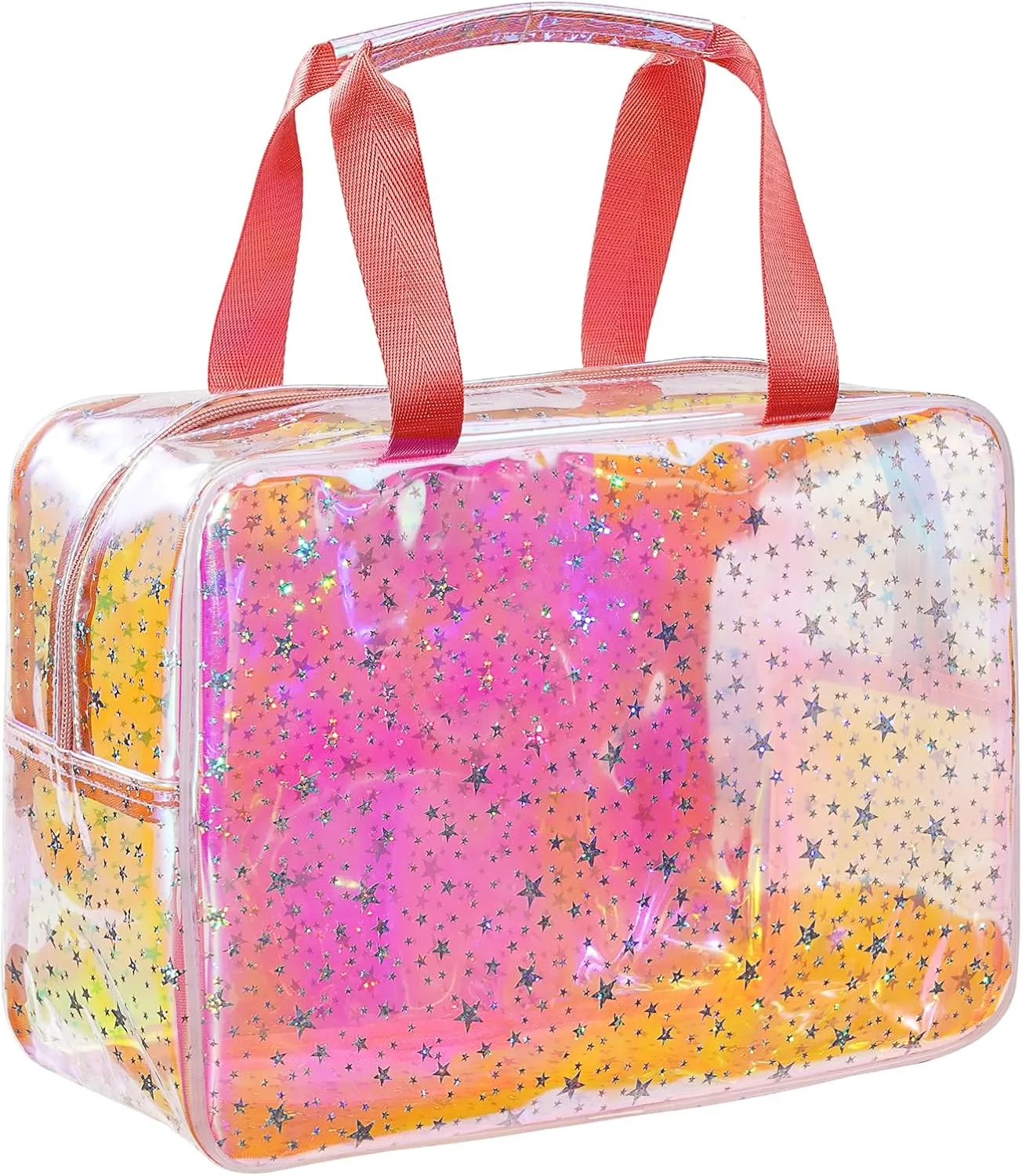 TPU Clear Makeup Bag for Women Waterproof Star Make Up Bag Toiletry Bag Travel Durable Cosmetic Bag Large Cute Tote Bag Organizer Makeup Pouch, Rainbow White