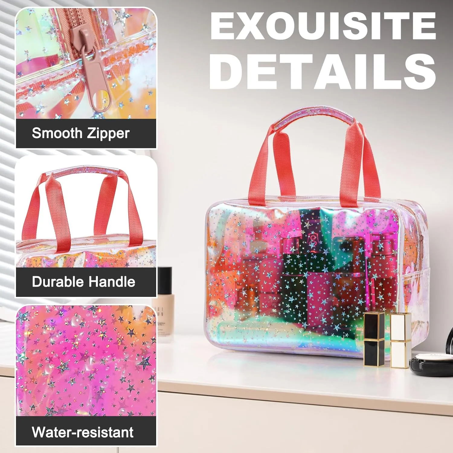 TPU Clear Makeup Bag for Women Waterproof Star Make Up Bag Toiletry Bag Travel Durable Cosmetic Bag Large Cute Tote Bag Organizer Makeup Pouch, Rainbow White