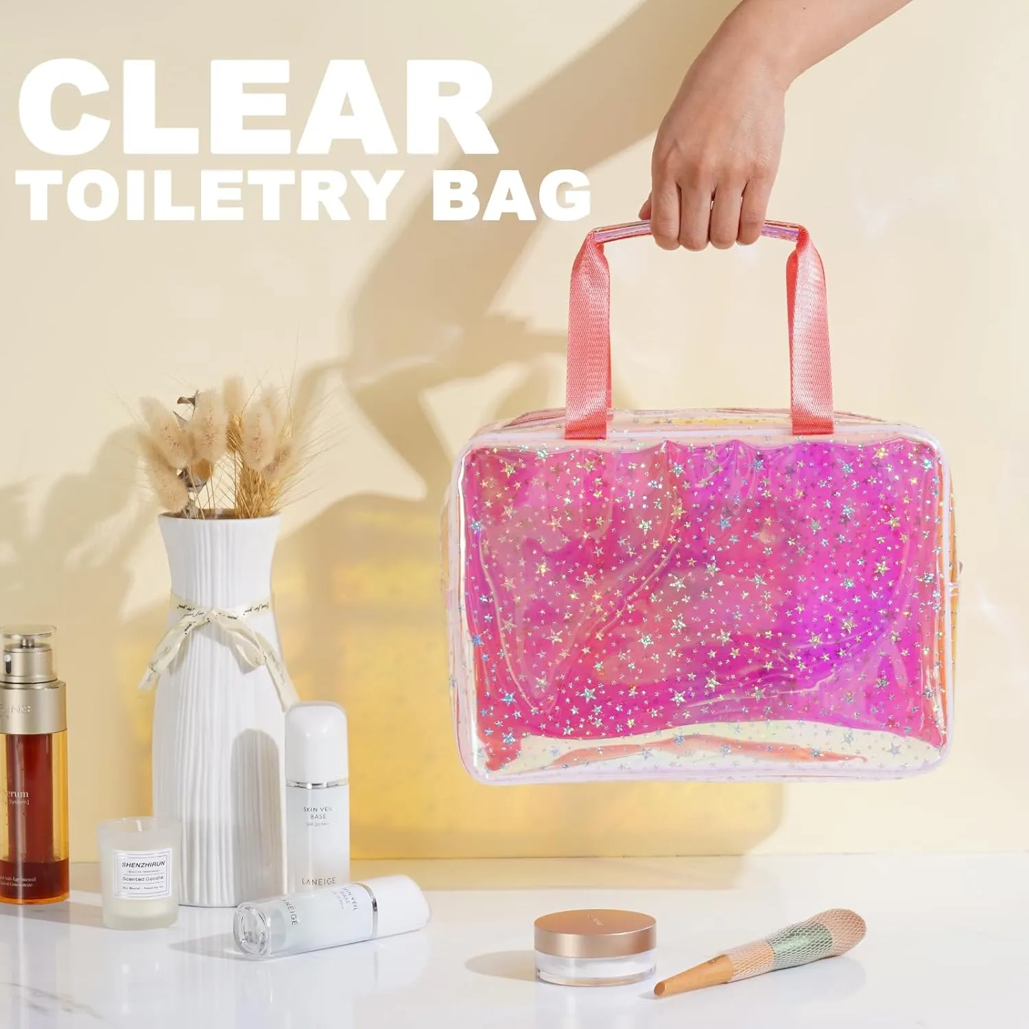 TPU Clear Makeup Bag for Women Waterproof Star Make Up Bag Toiletry Bag Travel Durable Cosmetic Bag Large Cute Tote Bag Organizer Makeup Pouch, Rainbow White
