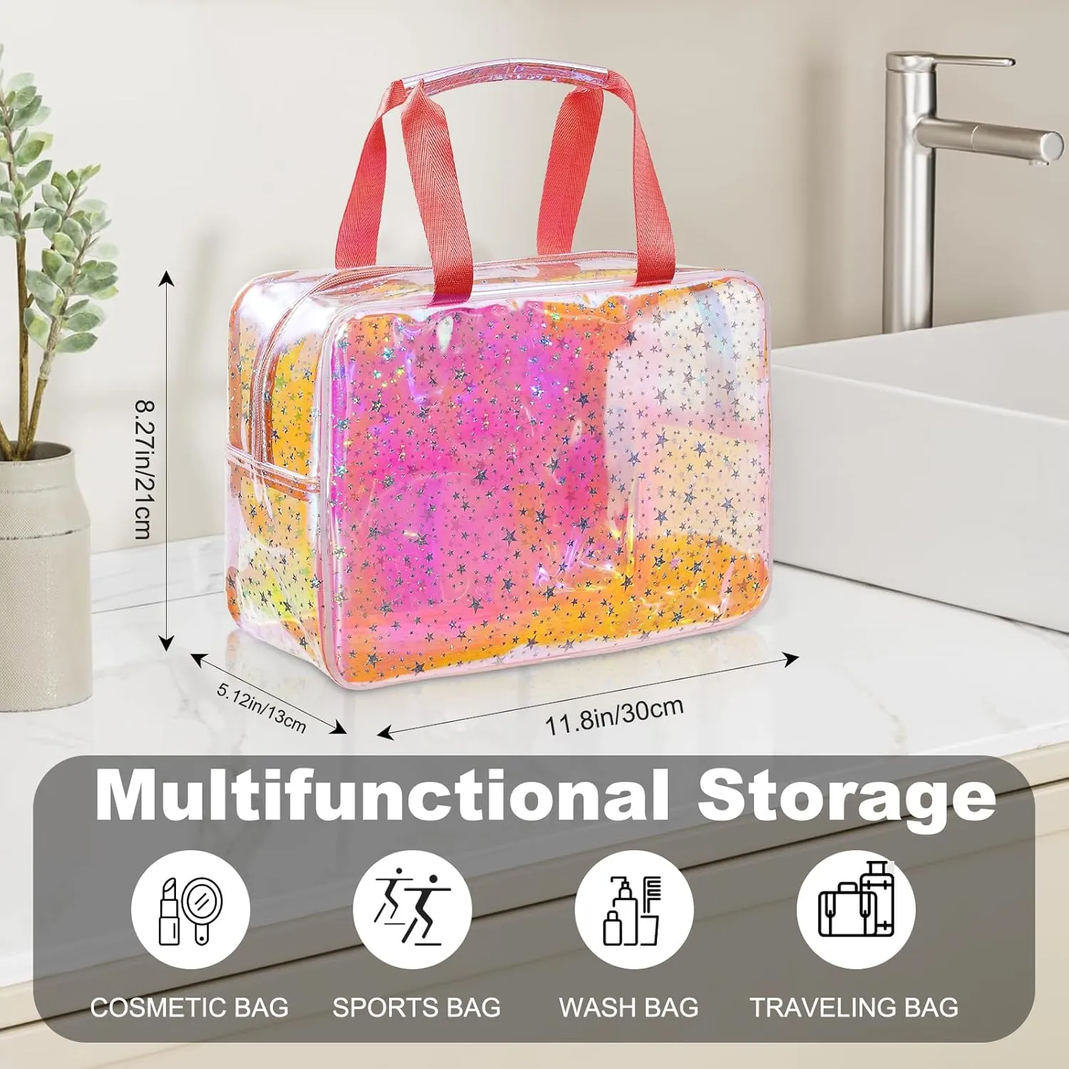 TPU Clear Makeup Bag for Women Waterproof Star Make Up Bag Toiletry Bag Travel Durable Cosmetic Bag Large Cute Tote Bag Organizer Makeup Pouch, Rainbow White