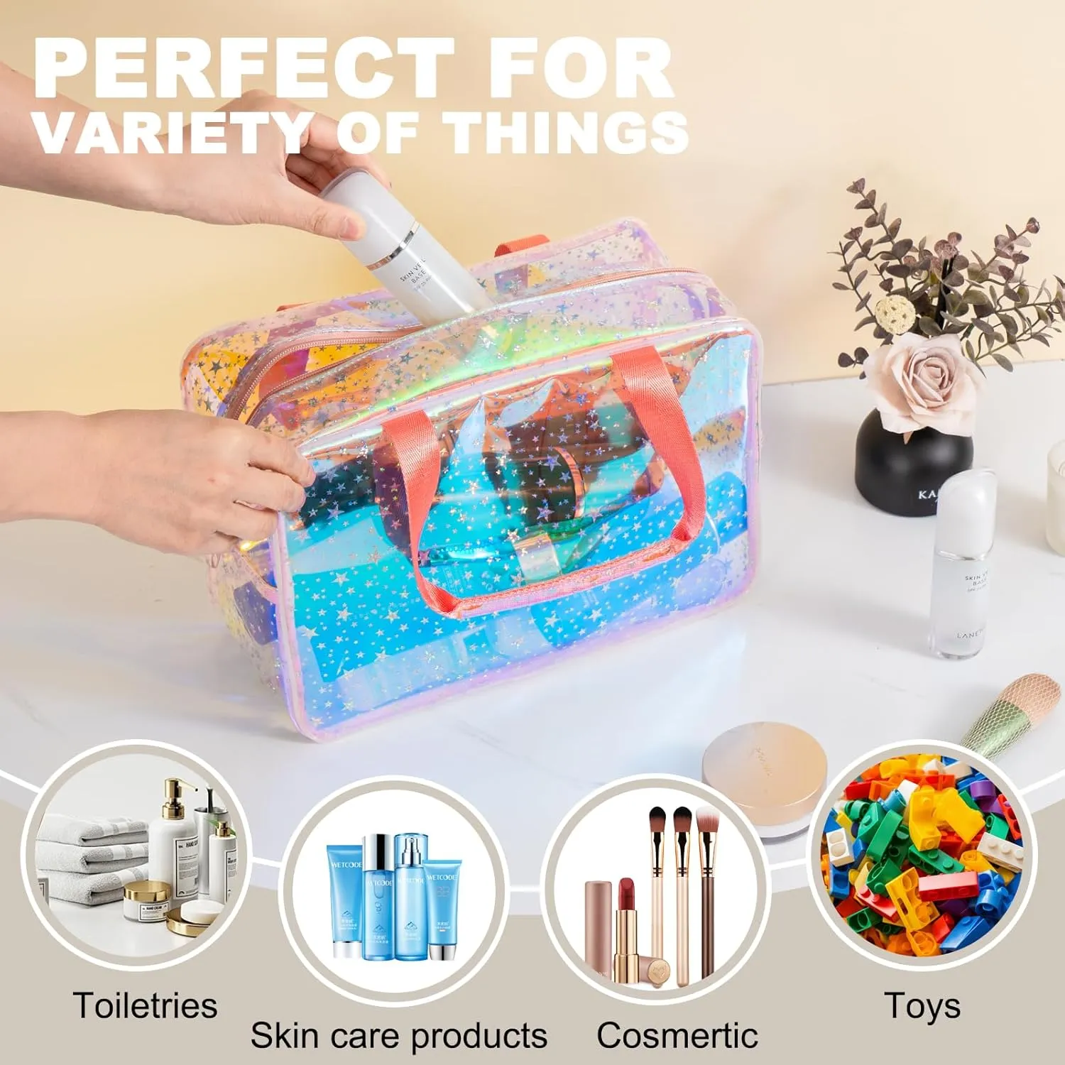 TPU Clear Makeup Bag for Women Waterproof Star Make Up Bag Toiletry Bag Travel Durable Cosmetic Bag Large Cute Tote Bag Organizer Makeup Pouch, Rainbow White