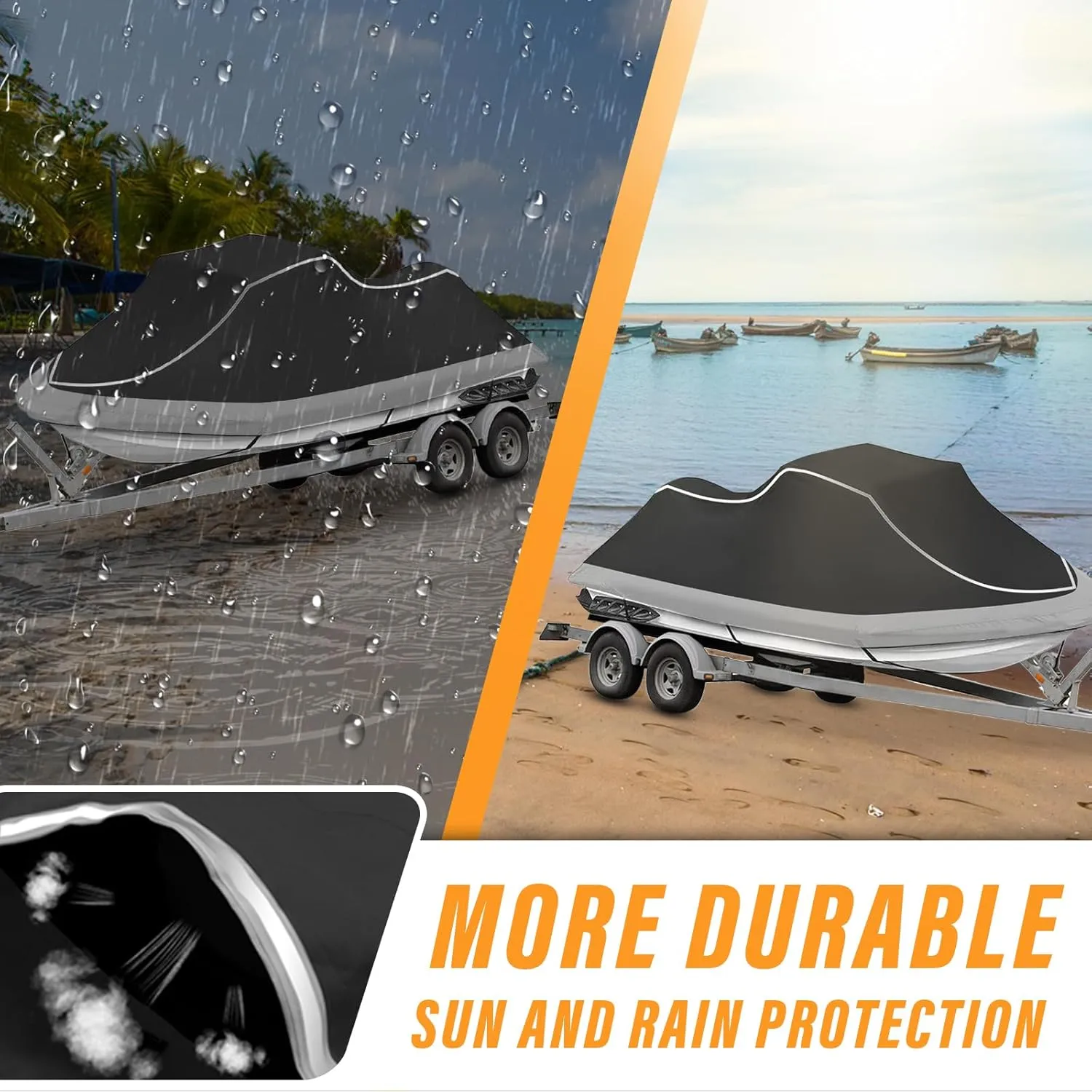 Trailerable Jet Ski Cover, Heavy Duty Waterproof PWC Cover, 3 Seater with Reflective Strips and Vents for Seadoo Yamaha Kawasaki Polaris, Fits Lengths from 136-145” (Black&Gray)
