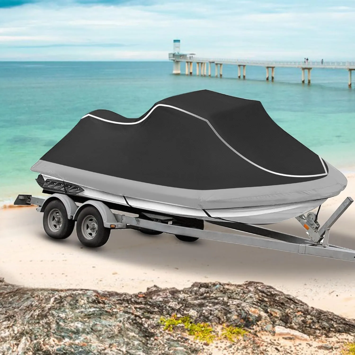Trailerable Jet Ski Cover, Heavy Duty Waterproof PWC Cover, 3 Seater with Reflective Strips and Vents for Seadoo Yamaha Kawasaki Polaris, Fits Lengths from 136-145” (Black&Gray)