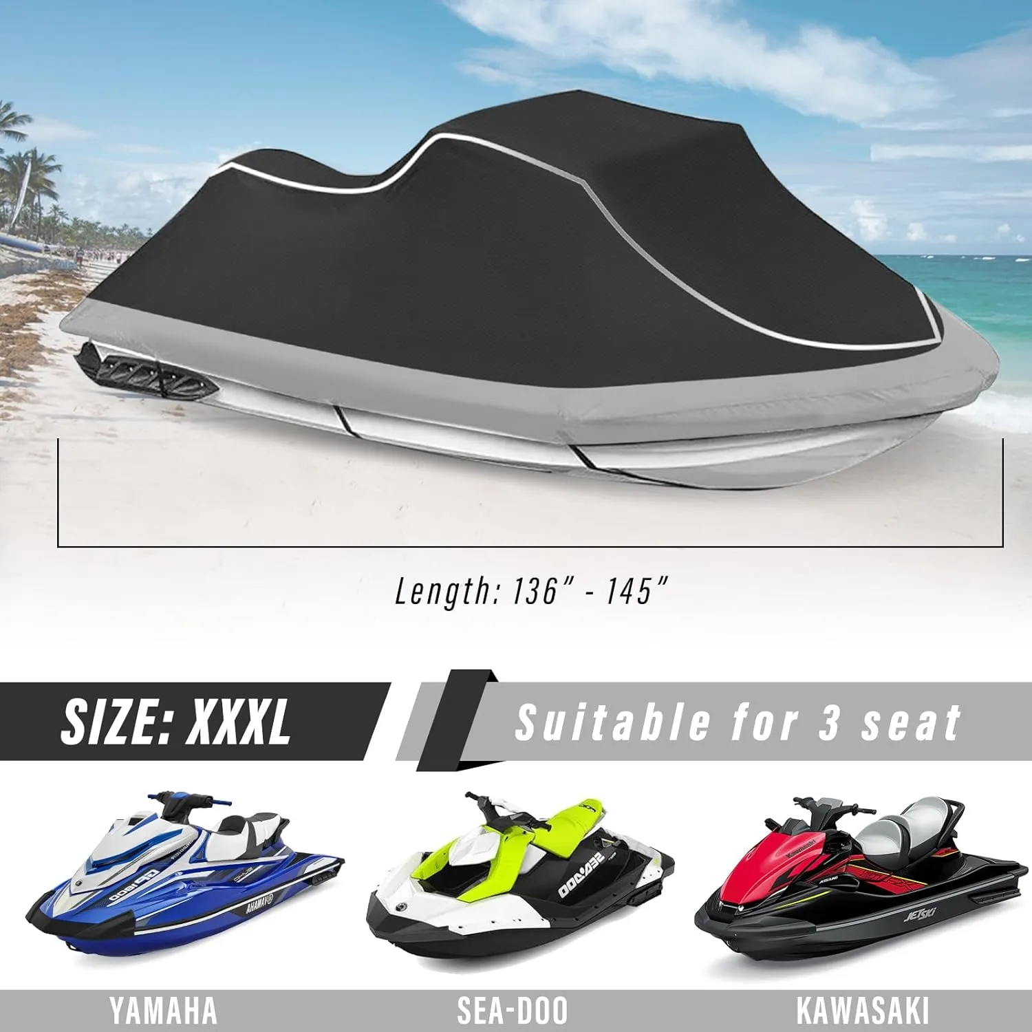 Trailerable Jet Ski Cover, Heavy Duty Waterproof PWC Cover, 3 Seater with Reflective Strips and Vents for Seadoo Yamaha Kawasaki Polaris, Fits Lengths from 136-145” (Black&Gray)