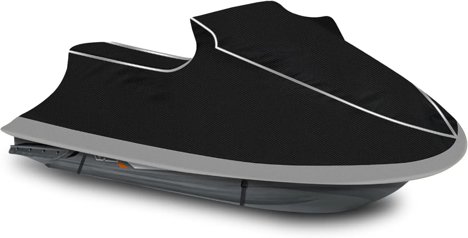 Trailerable Jet Ski Cover, Heavy Duty Waterproof PWC Cover, 3 Seater with Reflective Strips and Vents for Seadoo Yamaha Kawasaki Polaris, Fits Lengths from 136-145” (Black&Gray)