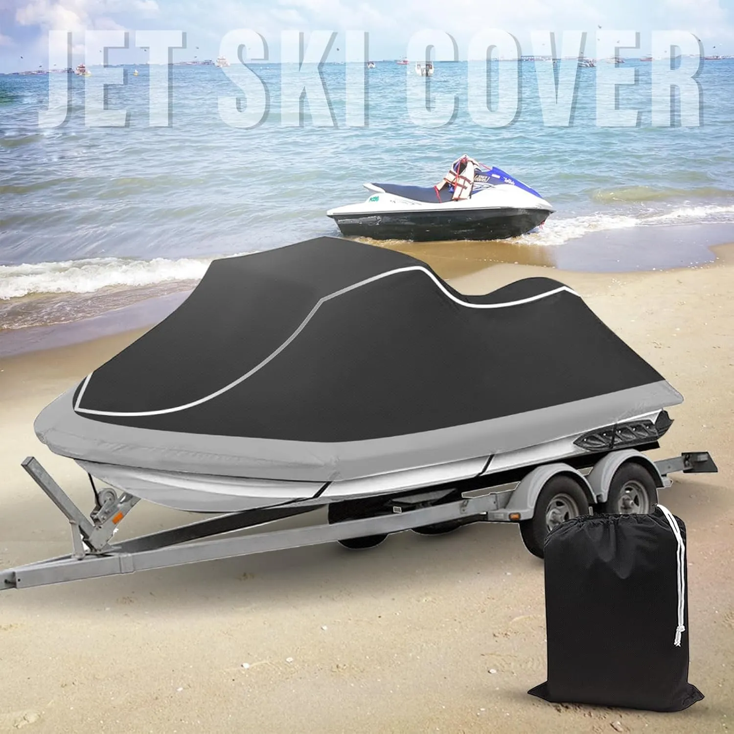 Trailerable Jet Ski Cover, Heavy Duty Waterproof PWC Cover, 3 Seater with Reflective Strips and Vents for Seadoo Yamaha Kawasaki Polaris, Fits Lengths from 136-145” (Black&Gray)