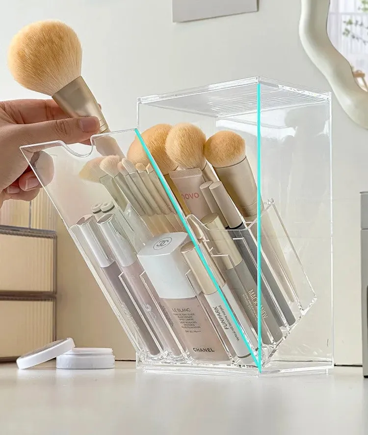 Transparent Flap Lid Acrylic Makeup Organizer – Elegant Brush & Lipstick Storage Box