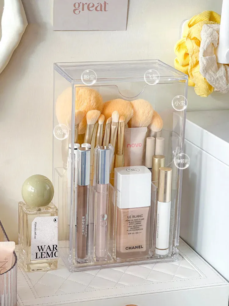 Transparent Flap Lid Acrylic Makeup Organizer – Elegant Brush & Lipstick Storage Box