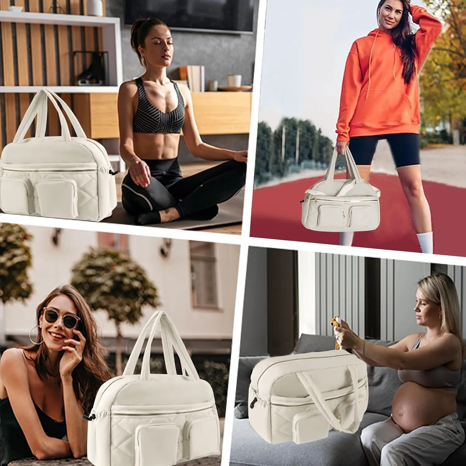 Travel Bag for Women, Duffle Gym Bag with Wet Pocket, Carry on Lightweight Weekend Bag, Large Puffer Tote Bag, Beige