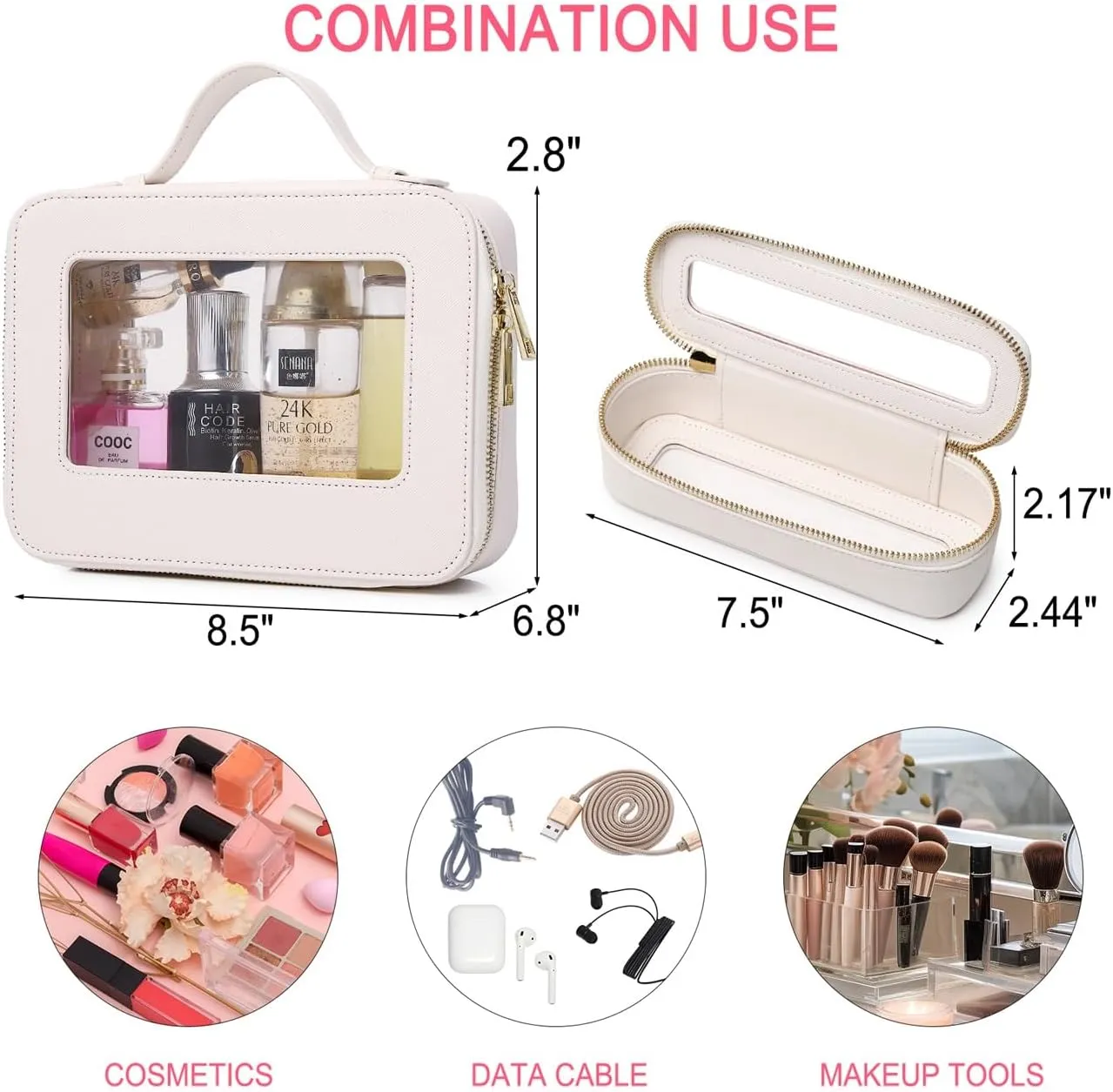 Travel Clear Makeup Bag with Brush Bag Portable Cosmetic Bag Case Transparent Toiletry Bag Cosmetic Organizer Storage Bag for Women (White, L SLIM)