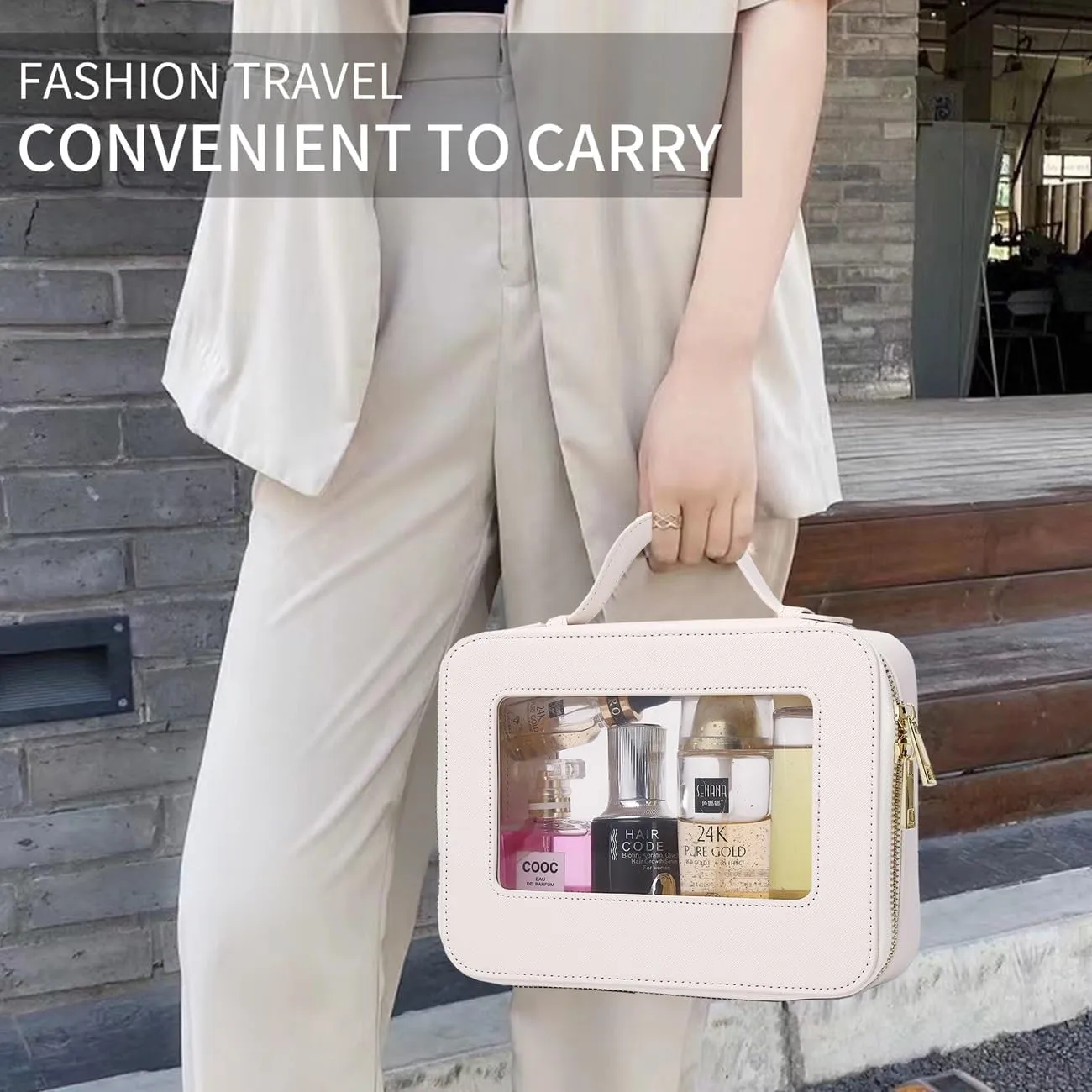 Travel Clear Makeup Bag with Brush Bag Portable Cosmetic Bag Case Transparent Toiletry Bag Cosmetic Organizer Storage Bag for Women (White, L SLIM)