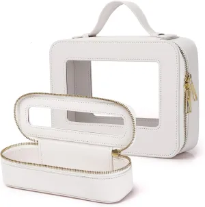 Travel Clear Makeup Bag with Brush Bag Portable Cosmetic Bag Case Transparent Toiletry Bag Cosmetic Organizer Storage Bag for Women (White, L SLIM)