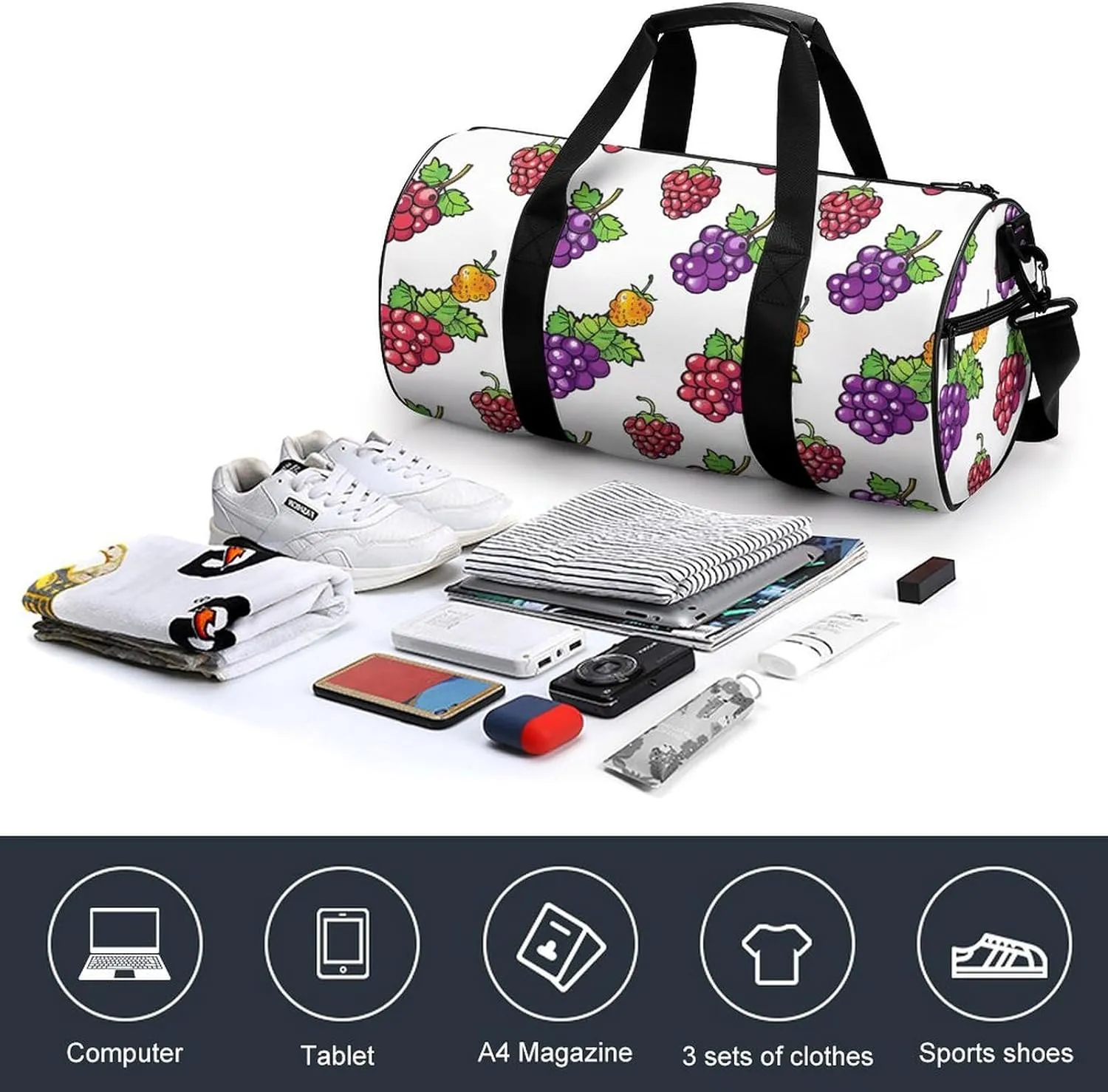 Travel Duffel Bag for Men And Women,Berries in Cartoon Style Waterproof Sports Fitness Bag Portable Travel Duffel Bag