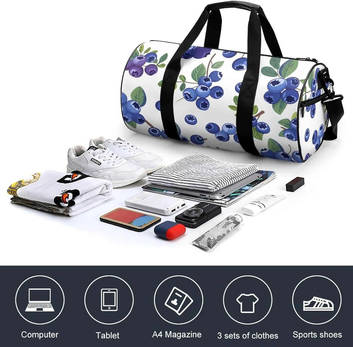 Travel Duffel Bag for Men And Women,Blueberries with Leaves Waterproof Sports Fitness Bag Portable Travel Duffel Bag