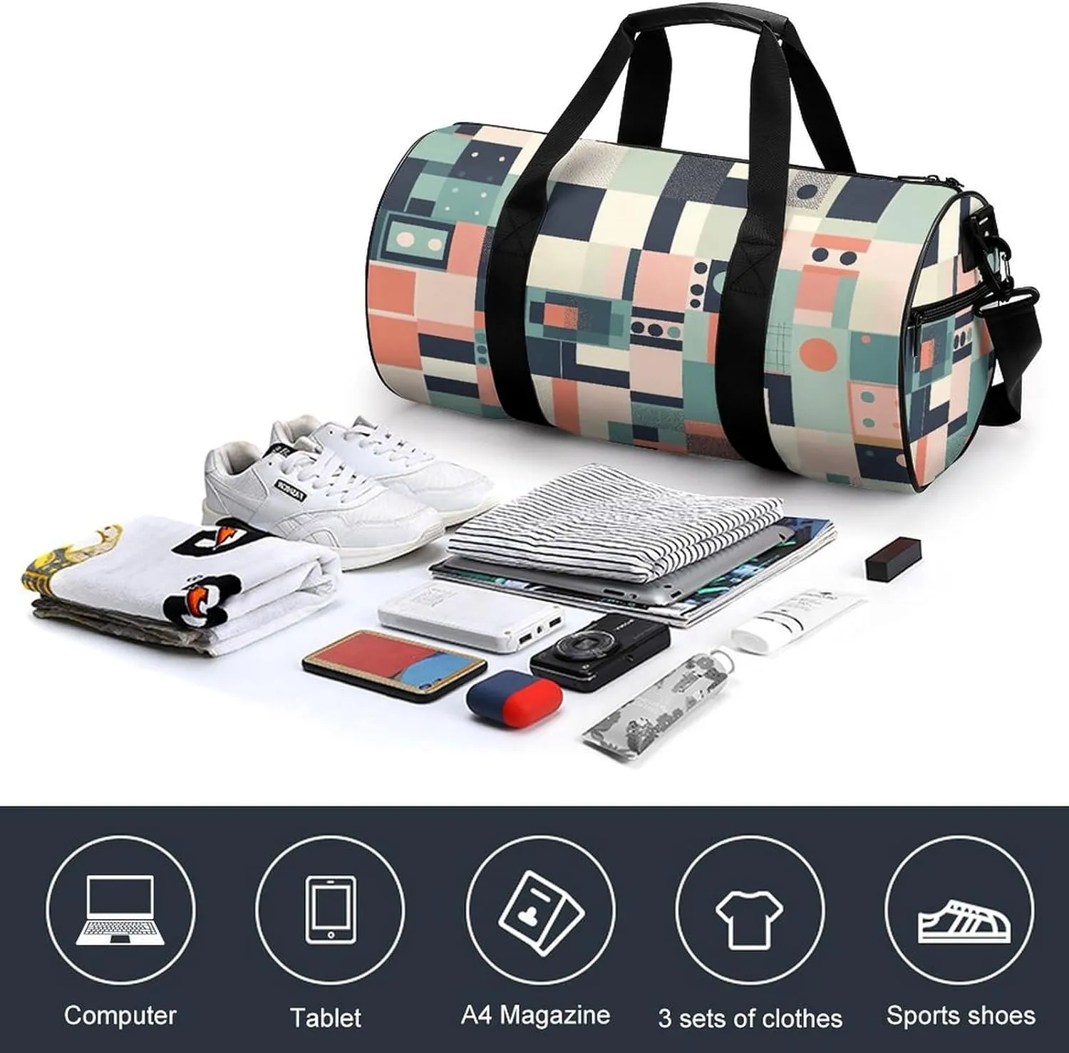 Travel Duffel Bag for Men And Women,Colorful Square Shapes Waterproof Sports Fitness Bag Portable Travel Duffel Bag