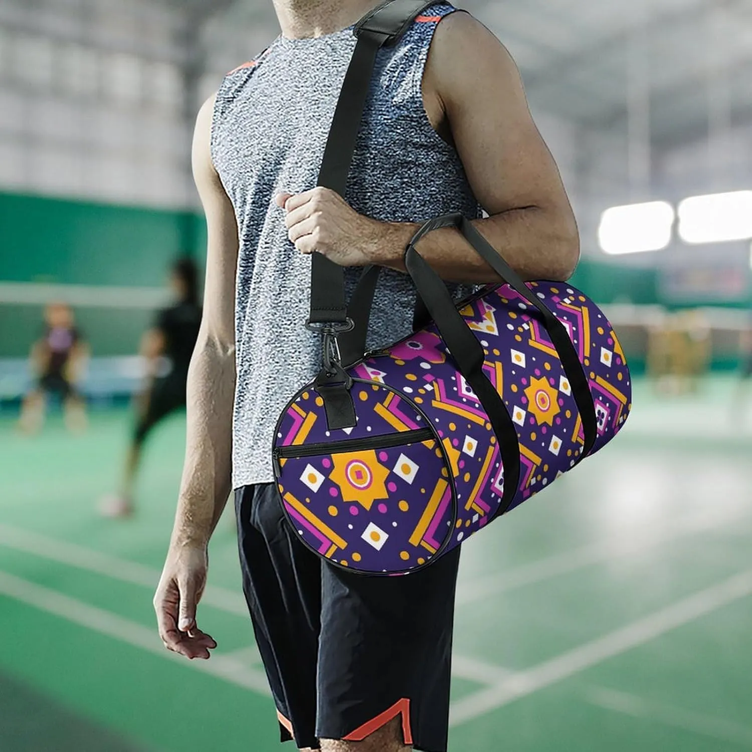 Travel Duffel Bag for Men And Women,Folk Art Patterns Waterproof Sports Fitness Bag Portable Travel Duffel Bag, 17.7in/9in/9in