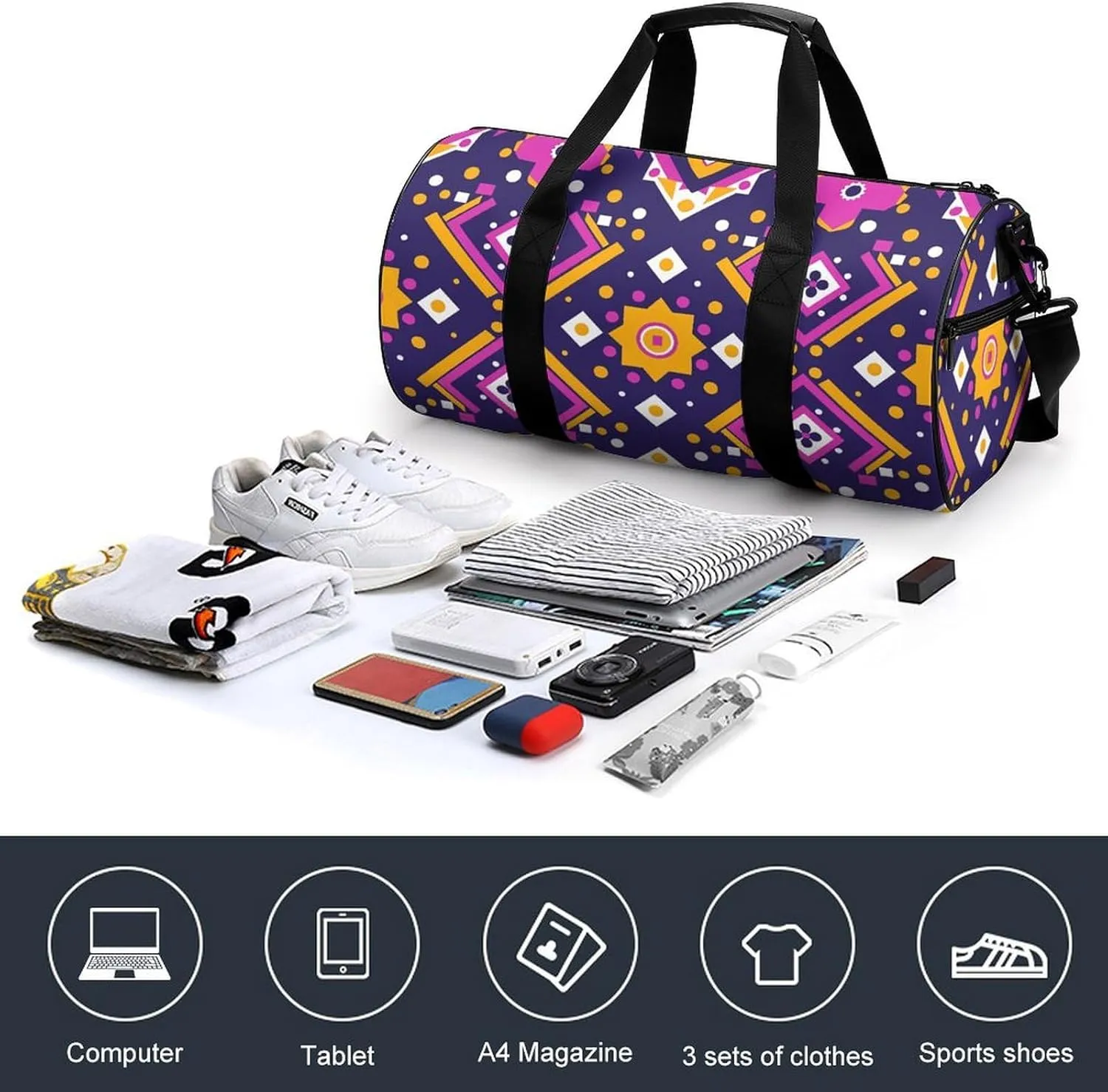 Travel Duffel Bag for Men And Women,Folk Art Patterns Waterproof Sports Fitness Bag Portable Travel Duffel Bag, 17.7in/9in/9in