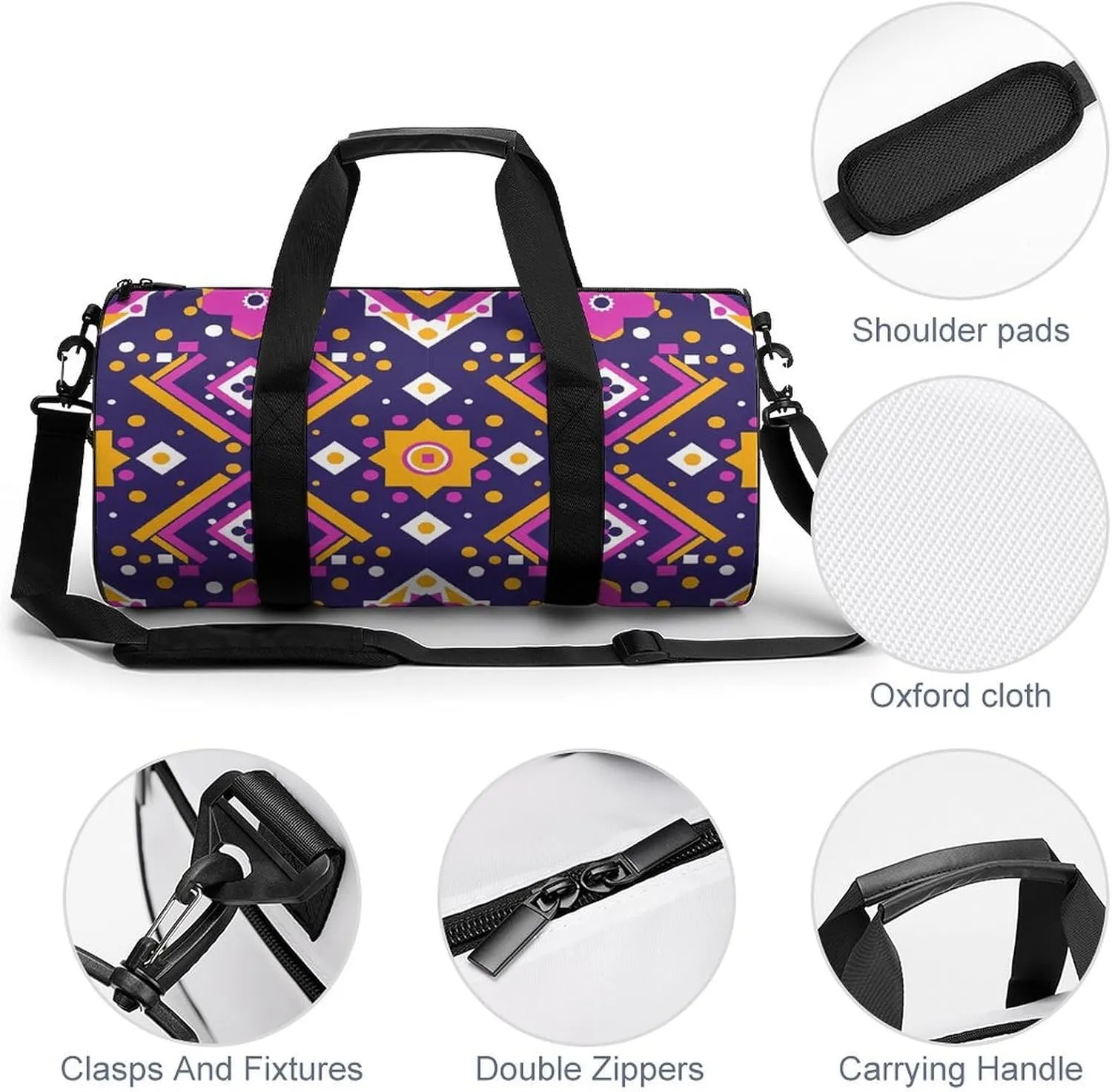 Travel Duffel Bag for Men And Women,Folk Art Patterns Waterproof Sports Fitness Bag Portable Travel Duffel Bag, 17.7in/9in/9in