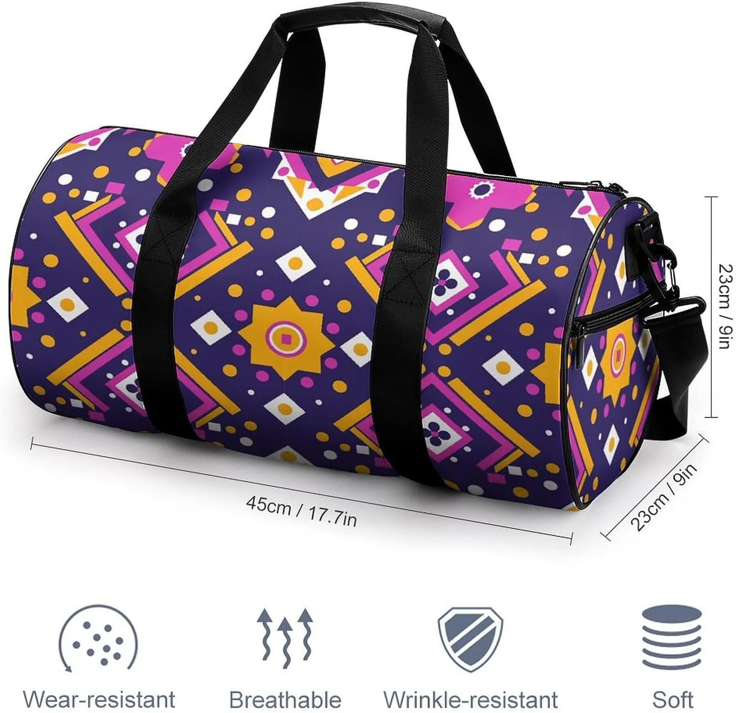 Travel Duffel Bag for Men And Women,Folk Art Patterns Waterproof Sports Fitness Bag Portable Travel Duffel Bag, 17.7in/9in/9in