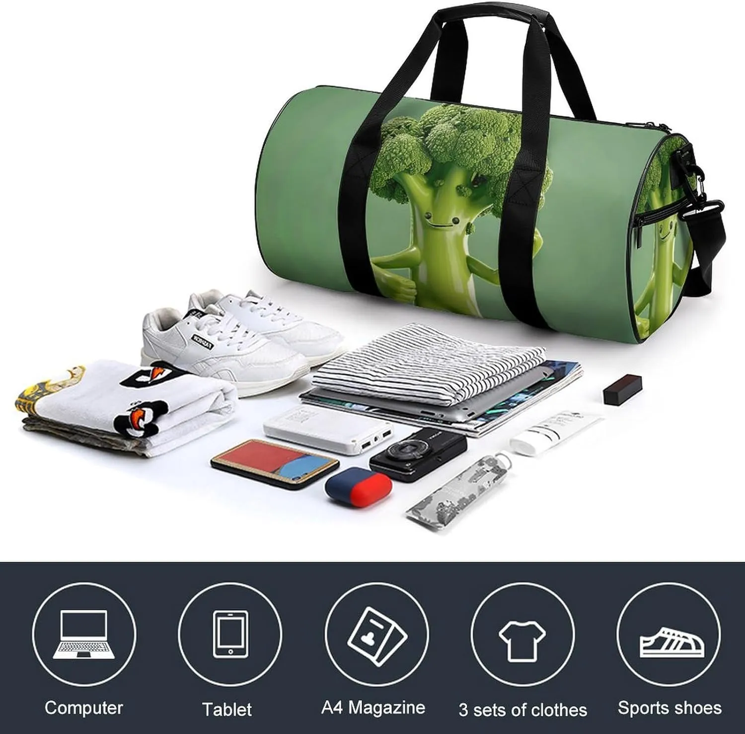 Travel Duffel Bag for Men And Women,Green Broccoli Pose Waterproof Sports Fitness Bag Portable Travel Duffel Bag, 17.7in/9in/9in