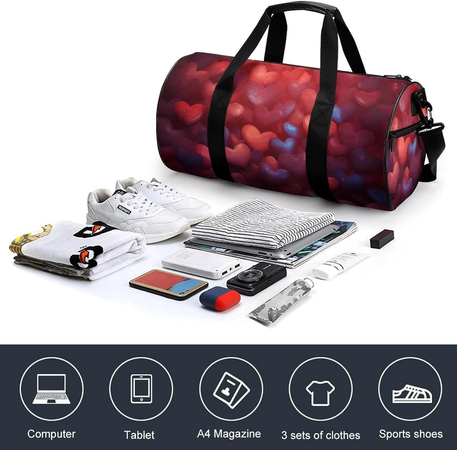 Travel Duffel Bag for Men And Women,Heart Shaped Background Waterproof Sports Fitness Bag Portable Travel Duffel Bag