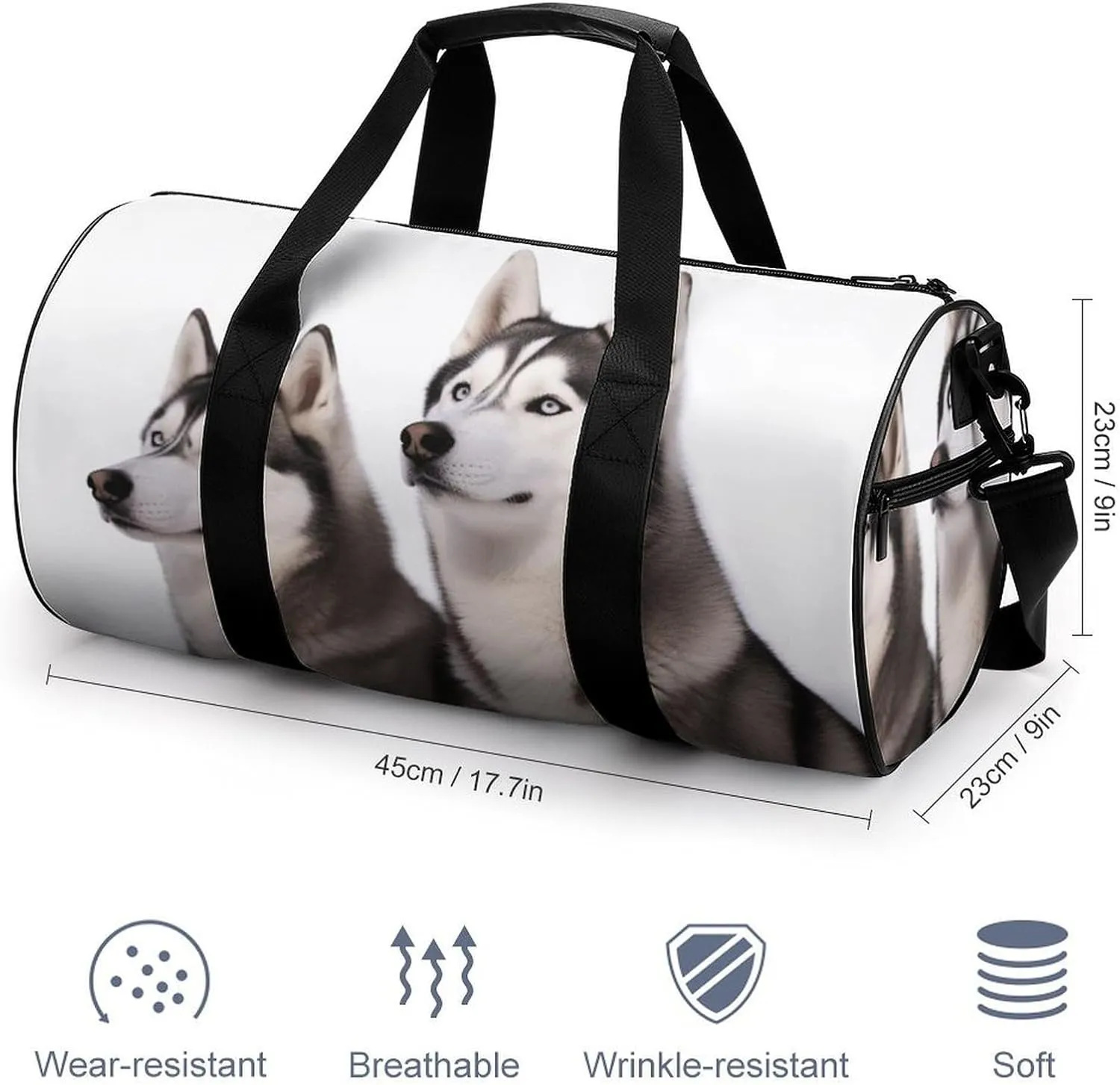 Travel Duffel Bag for Men And Women,Husky Dogs Waterproof Sports Fitness Bag Portable Travel Duffel Bag, 17.7in/9in/9in