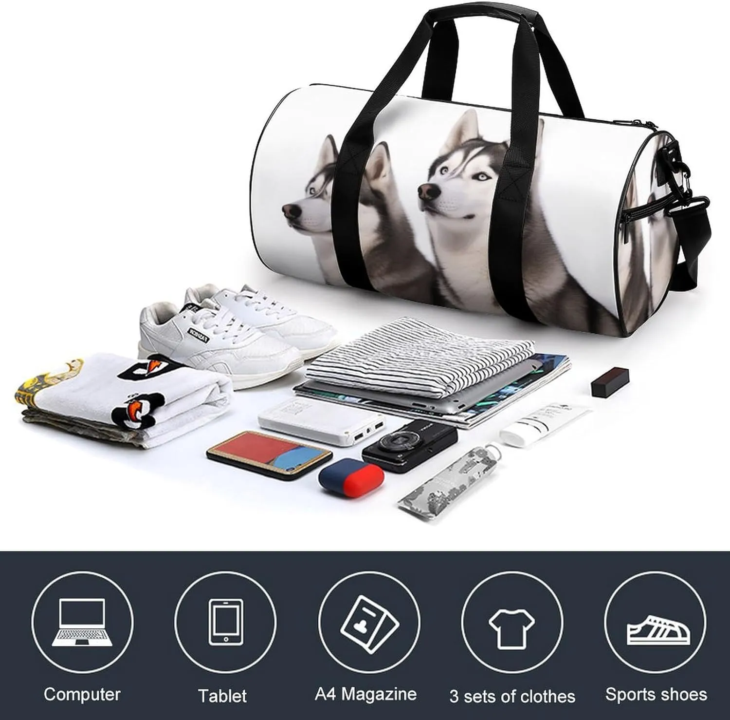 Travel Duffel Bag for Men And Women,Husky Dogs Waterproof Sports Fitness Bag Portable Travel Duffel Bag, 17.7in/9in/9in